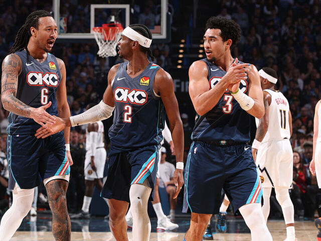 OKLAHOMA CITY, OK - FEBRUARY 27: Jared McCain #3 and Shai Gilgeous-Alexander #2 and Jaylin Williams #6 of the Oklahoma City Thunder celebrate during the game against the Denver Nuggets on February 27, 2026 at Paycom Center in Oklahoma City, Oklahoma. Mandatory Copyright Notice: Copyright 2026 NBAE