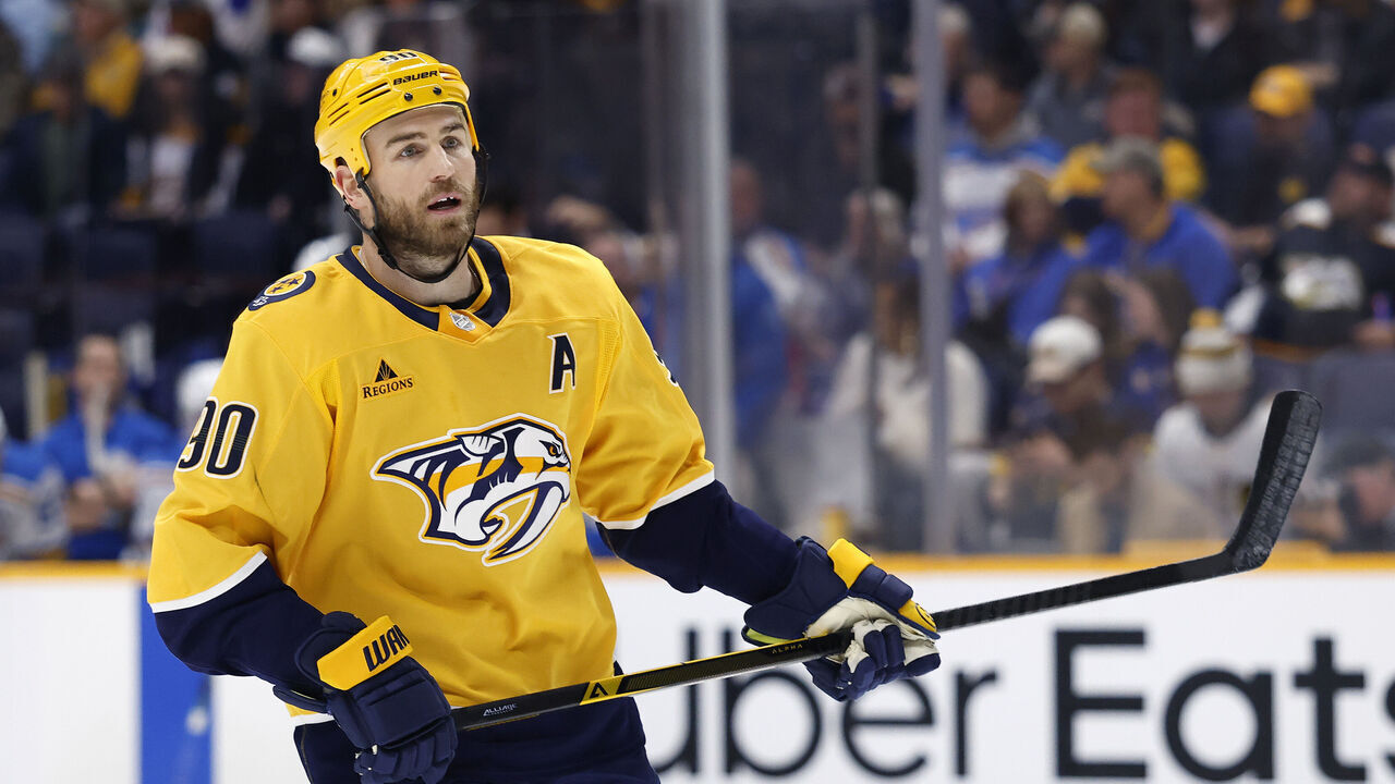 NASHVILLE, TENNESSEE - FEBRUARY 02: Ryan O'Reilly #90 of the Nashville Predators looks on during the first period of the game against the St. Louis Blues at Bridgestone Arena on February 02, 2026 in Nashville, Tennessee.