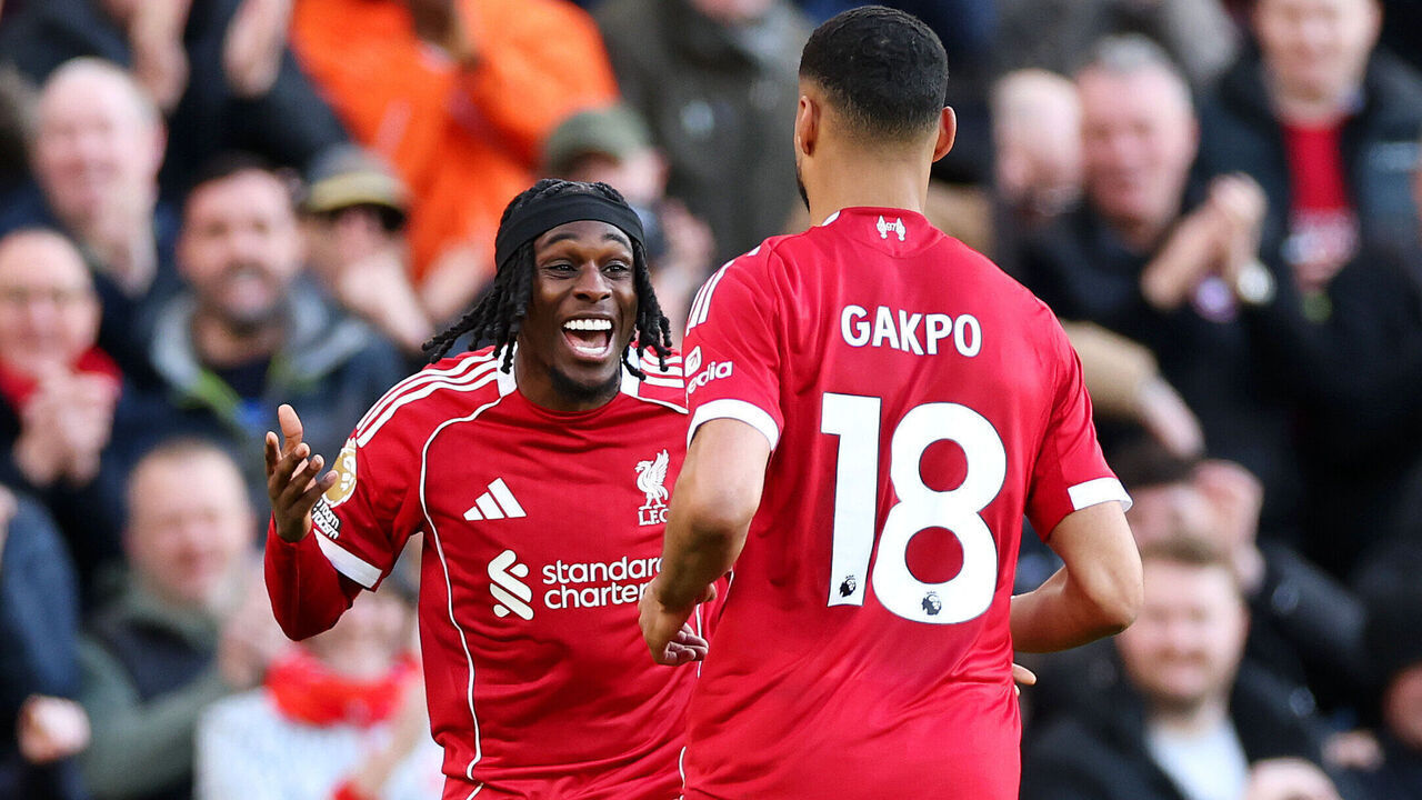 LIVERPOOL, ENGLAND - FEBRUARY 28: Jeremie Frimpong of Liverpool celebrates scoring his team's fifth goal with teammate Cody Gakpo during the Premier League match between Liverpool and West Ham United at Anfield on February 28, 2026 in Liverpool, England.