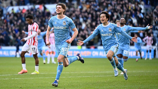 COVENTRY, ENGLAND - FEBRUARY 28: Jack Rudoni of Coventry celebrates after scoring the winning goal during the Sky Bet Championship match between Coventry City and Stoke City at The Coventry Building Society Arena on February 28, 2026 in Coventry, England.
