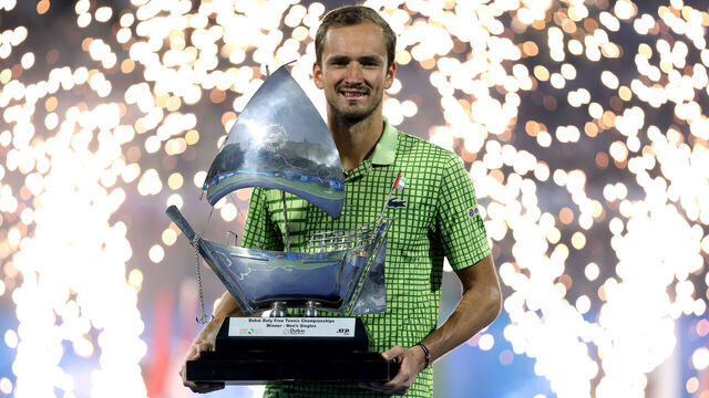 DUBAI, UNITED ARAB EMIRATES - FEBRUARY 28: Daniil Medvedev poses with the trophy during the presentation ceremony after his victory in the Men's Singles Final against Tallon Griekspoor of the Netherlands on day fourteen of the Dubai Duty Free Tennis Championships at Dubai Duty Free Tennis Stadium on February 28, 2026 in Dubai, United Arab Emirates.