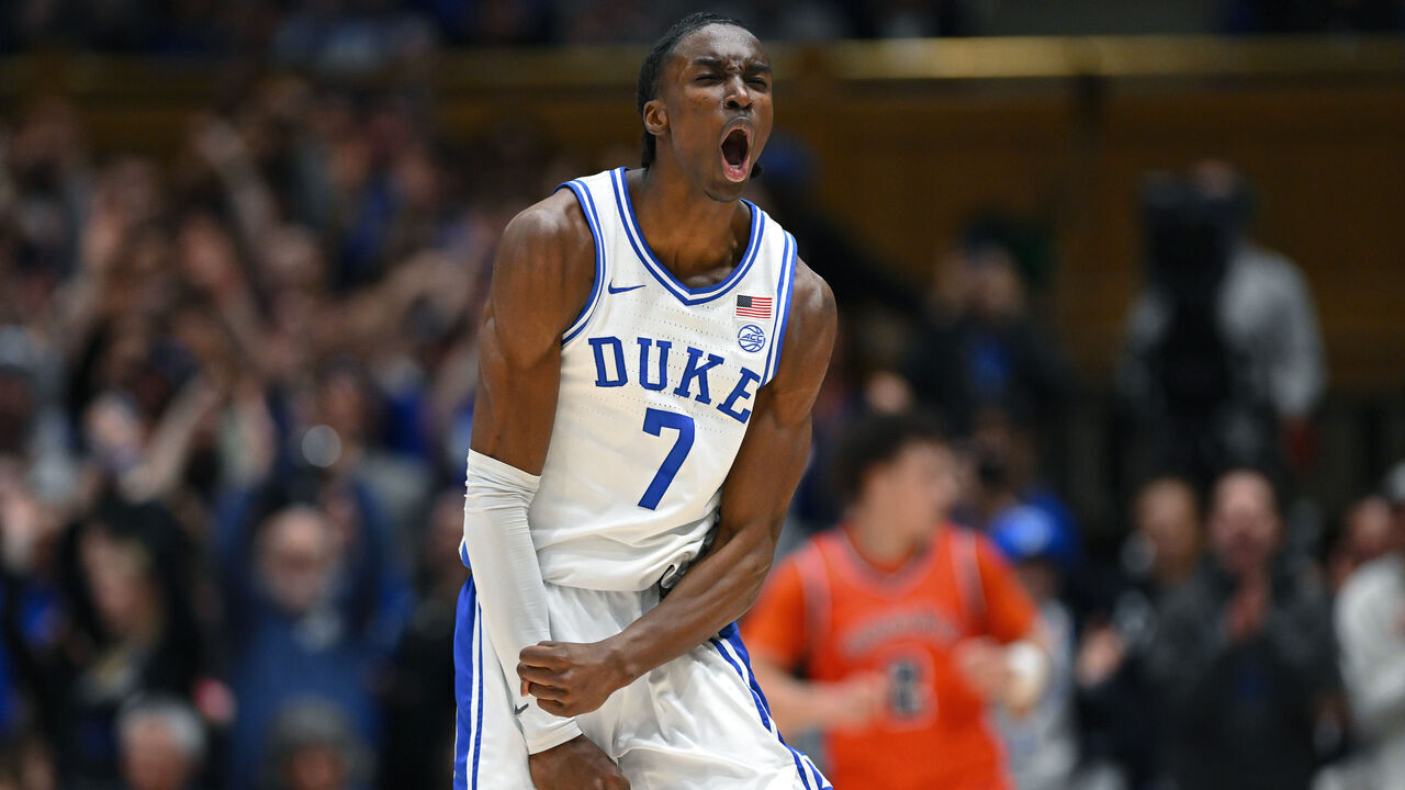 DURHAM, NORTH CAROLINA - FEBRUARY 28: Dame Sarr #7 of the Duke Blue Devils reacts during the first half of the game against the Virginia Cavaliers at Cameron Indoor Stadium on February 28, 2026 in Durham, North Carolina.