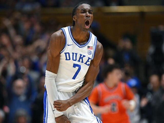 DURHAM, NORTH CAROLINA - FEBRUARY 28: Dame Sarr #7 of the Duke Blue Devils reacts during the first half of the game against the Virginia Cavaliers at Cameron Indoor Stadium on February 28, 2026 in Durham, North Carolina.