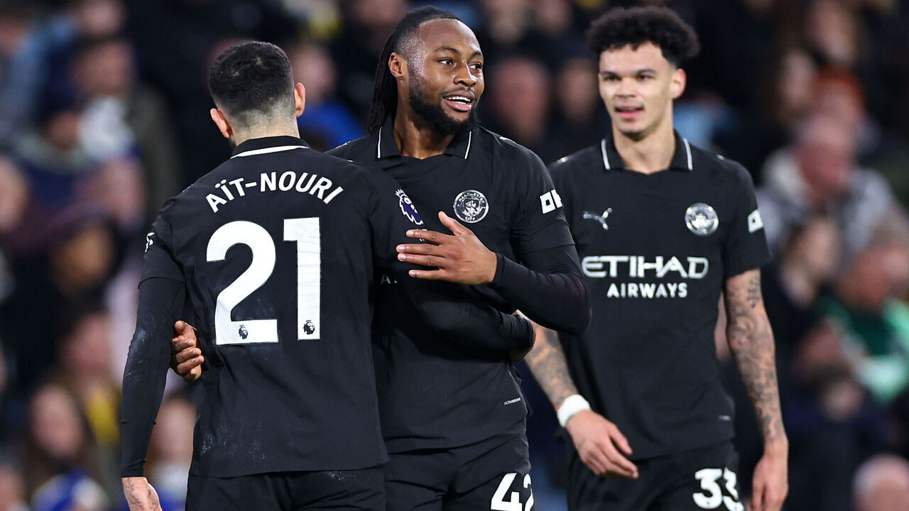 LEEDS, ENGLAND - FEBRUARY 28: Antoine Semenyo of Manchester City celebrates after scoring a goal to make it 0-1 during the Premier League match between Leeds United and Manchester City at Elland Road on February 28, 2026 in Leeds, United Kingdom.