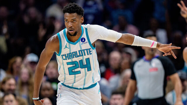 CHARLOTTE, NORTH CAROLINA - FEBRUARY 28: Brandon Miller #24 of the Charlotte Hornets reacts in the first half against the Portland Trail Blazers during their game at Spectrum Center on February 28, 2026 in Charlotte, North Carolina.