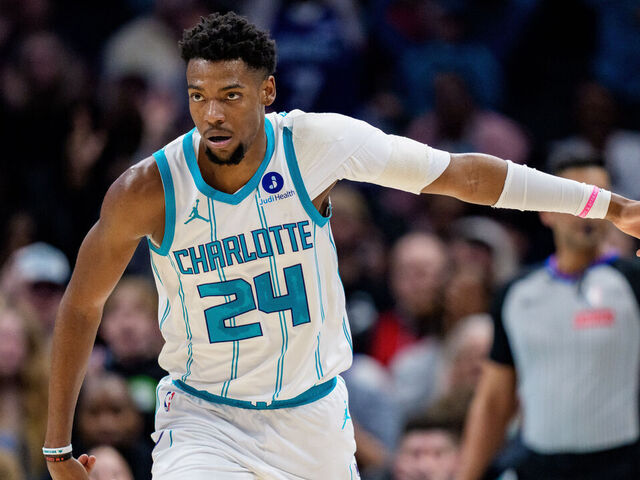 CHARLOTTE, NORTH CAROLINA - FEBRUARY 28: Brandon Miller #24 of the Charlotte Hornets reacts in the first half against the Portland Trail Blazers during their game at Spectrum Center on February 28, 2026 in Charlotte, North Carolina.