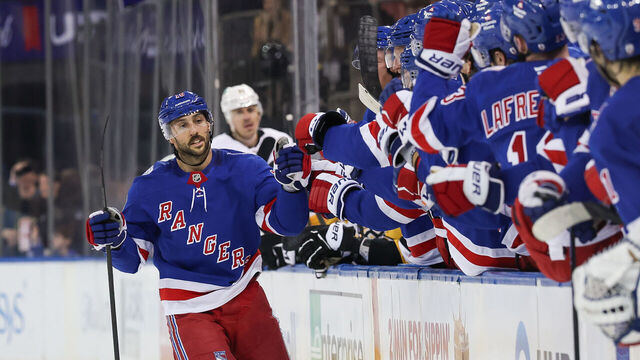 NEW YORK, NEW YORK - FEBRUARY 28: Vincent Trocheck #16 of the New York Rangers celebrates after scoring in the shootout of a NHL game against the Pittsburgh Penguins at Madison Square Garden on February 28, 2026 in New York, New York.