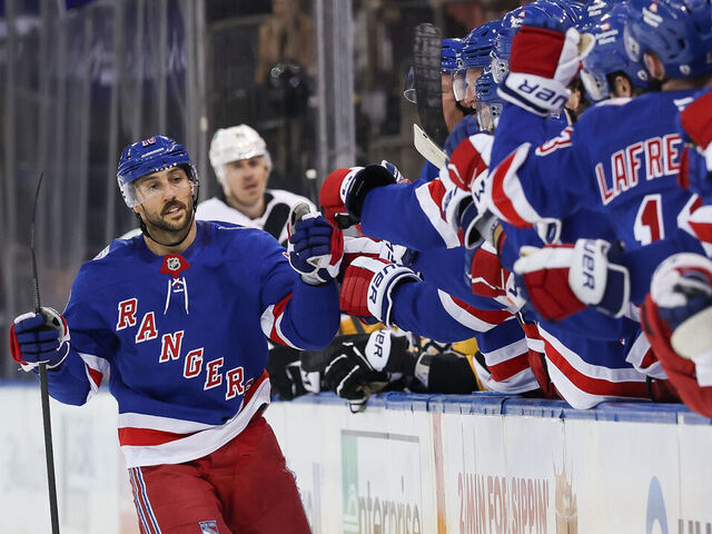 NEW YORK, NEW YORK - FEBRUARY 28: Vincent Trocheck #16 of the New York Rangers celebrates after scoring in the shootout of a NHL game against the Pittsburgh Penguins at Madison Square Garden on February 28, 2026 in New York, New York.