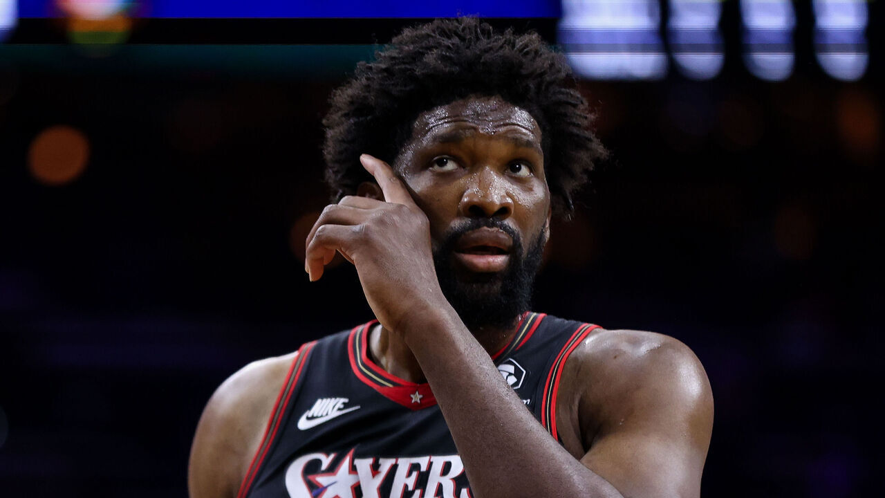 PHILADELPHIA, PENNSYLVANIA - FEBRUARY 26: Joel Embiid #21 of the Philadelphia 76ers looks on during the game against the Miami Heat at Xfinity Mobile Arena on February 26, 2026 in Philadelphia, Pennsylvania.
