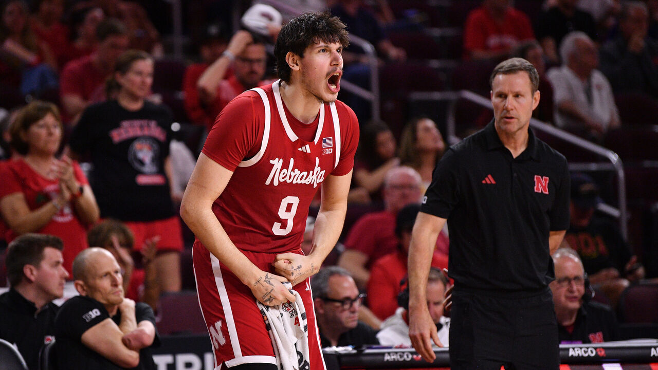 LOS ANGELES, CA - FEBRUARY 28: Nebraska Cornhuskers forward Berke Büyüktuncel (21) celebrates on the bench during the college basketball game between the Nebraska Cornhuskers and the USC Trojans on February 28, 2026 at the Galen Center in Los Angeles, CA.