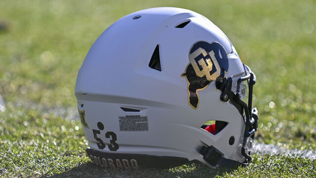 BOULDER, CO - NOVEMBER 29: A Colorado Buffaloes helmet on the field during the college football game between the Oklahoma State University Cowboys and the University of Colorado Buffaloes on November 29, 2024 at Folsom Field in Boulder, CO.