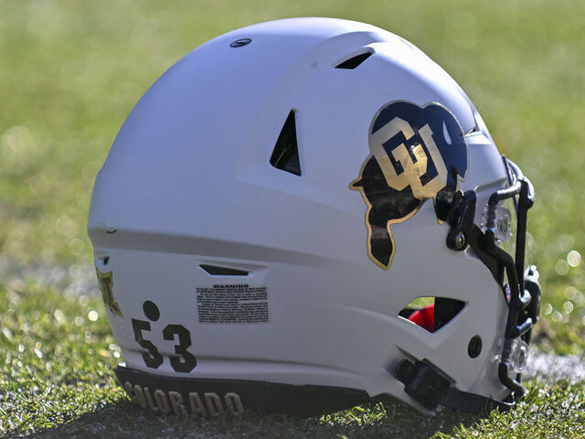 BOULDER, CO - NOVEMBER 29: A Colorado Buffaloes helmet on the field during the college football game between the Oklahoma State University Cowboys and the University of Colorado Buffaloes on November 29, 2024 at Folsom Field in Boulder, CO.