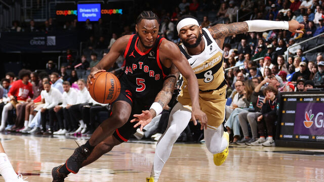 WASHINGTON, DC - FEBRUARY 28: Immanuel Quickley #5 of the Toronto Raptors drives to the basket during the game against the Washington Wizards on February 28, 2026 at Capital One Arena in Washington, DC. Mandatory Copyright Notice: Copyright 2026 NBAE