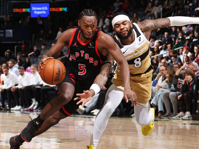 WASHINGTON, DC - FEBRUARY 28: Immanuel Quickley #5 of the Toronto Raptors drives to the basket during the game against the Washington Wizards on February 28, 2026 at Capital One Arena in Washington, DC. Mandatory Copyright Notice: Copyright 2026 NBAE