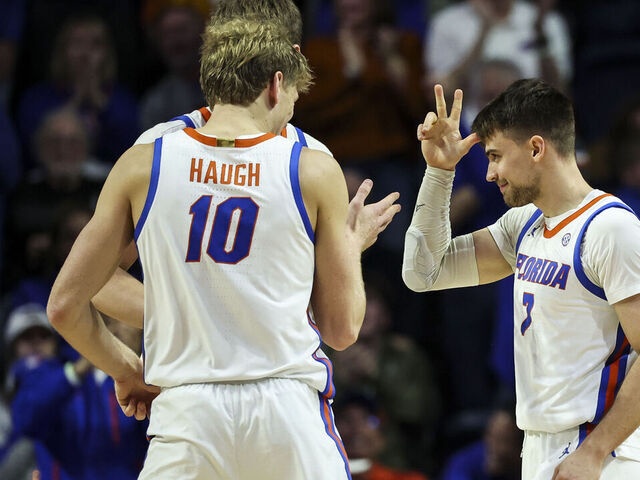 GAINESVILLE, FLORIDA - JANUARY 20: Urban Klavzar #7 of the Florida Gators celebrates after making a three point basket during the second half of a game against the LSU Tigers at the Stephen C. O'Connell Center on January 20, 2026 in Gainesville, Florida.
