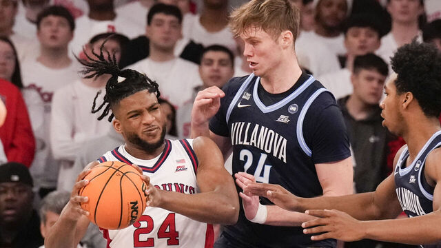 NEW YORK, NEW YORK - FEBRUARY 28: Zuby Ejiofor #24 of the St. John's Red Storm dribbles the ball against Duke Brennan #24 of the Villanova Wildcats in the first half of a college basketball game at Madison Square Garden on February 28, 2026 in New York City.