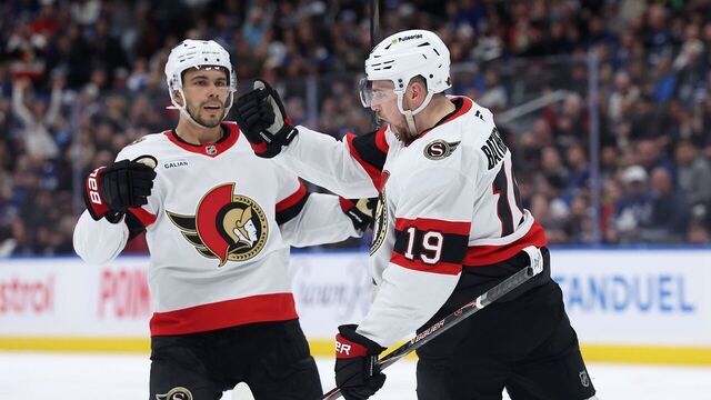 TORONTO, ON- FEBRUARY 28 - Drake Batherson #19 of the Ottawa Senators pumps his fist after scoring as Artem Zub #2 of the Ottawa Senators looks on in the second period as the Toronto Maple Leafs play the Ottawa Senators at Scotiabank Arena in Toronto. February 28, 2026. Steve Russell/Toronto Star (Steve Russell/Toronto Star via Getty Images)