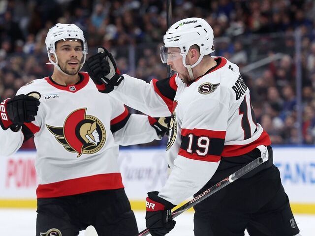 TORONTO, ON- FEBRUARY 28 - Drake Batherson #19 of the Ottawa Senators pumps his fist after scoring as Artem Zub #2 of the Ottawa Senators looks on in the second period as the Toronto Maple Leafs play the Ottawa Senators at Scotiabank Arena in Toronto. February 28, 2026. Steve Russell/Toronto Star (Steve Russell/Toronto Star via Getty Images)