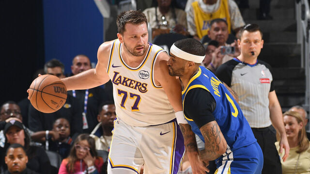 SAN FRANCISCO, CA - FEBRUARY 28: Luka Doncic #77 of the Los Angeles Lakers looks to pass the ball during the game against the Golden State Warriors on February 28, 2026 at Chase Center in San Francisco, California. NOTE TO USER: User expressly acknowledges and agrees that, by downloading and or using this photograph, user is consenting to the terms and conditions of Getty Images License Agreement. Mandatory Copyright Notice: Copyright 2026 NBAE