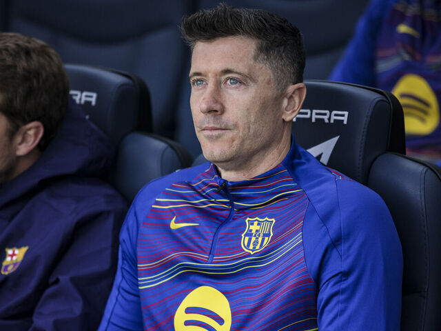 Robert Lewandowski of FC Barcelona participates in the La Liga EA Sports 2025/26 match between FC Barcelona and Villarreal CF at Spotify Camp Nou Stadium in Barcelona, Spain, on February 2026.