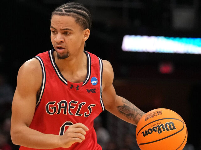 CLEVELAND, OHIO - MARCH 23: Mikey Lewis #0 of the St. Mary's Gaels seen in action during the second round of the 2025 NCAA Men's Basketball Tournament against the Alabama Crimson Tide at Rocket Mortgage Fieldhouse on March 23, 2025 in Cleveland, Ohio.