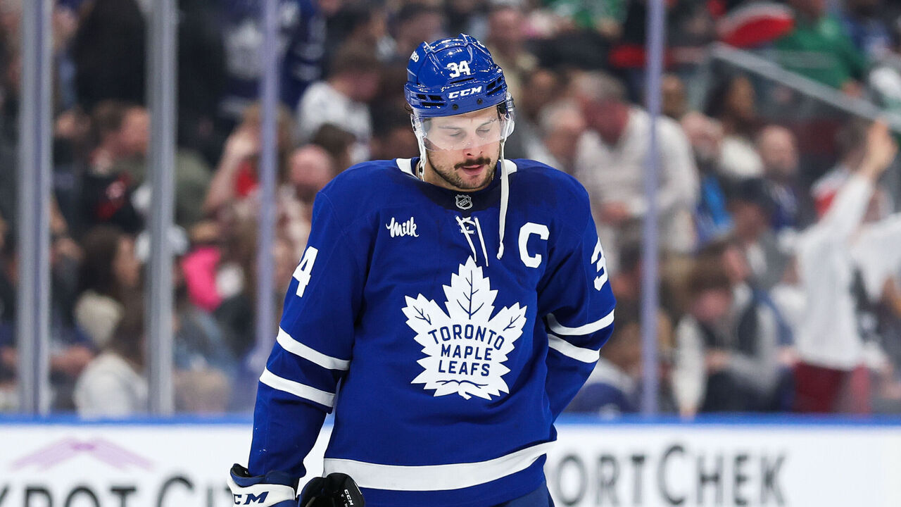 TORONTO, CANADA - MARCH 15: Auston Matthews #34 of the Toronto Maple Leafs reacts after the Ottawa Senators score during the third period at Scotiabank Arena on March 15, 2025 in Toronto, Ontario, Canada.