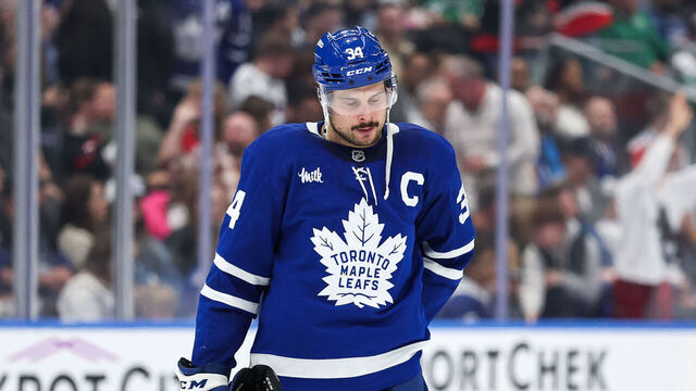 TORONTO, CANADA - MARCH 15: Auston Matthews #34 of the Toronto Maple Leafs reacts after the Ottawa Senators score during the third period at Scotiabank Arena on March 15, 2025 in Toronto, Ontario, Canada.
