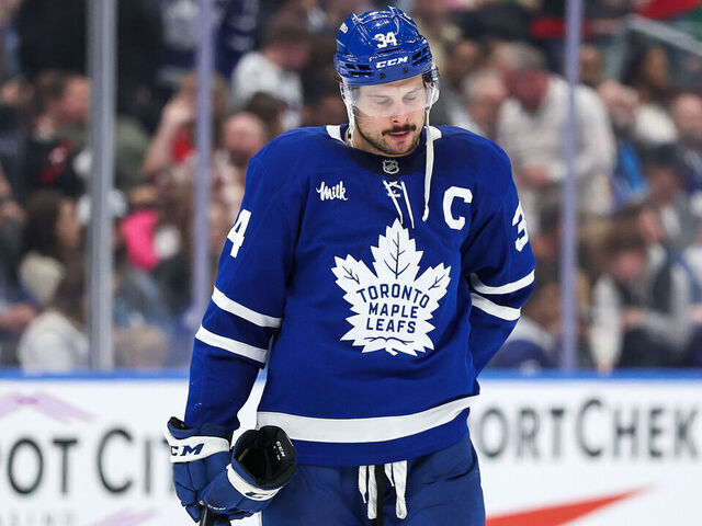 TORONTO, CANADA - MARCH 15: Auston Matthews #34 of the Toronto Maple Leafs reacts after the Ottawa Senators score during the third period at Scotiabank Arena on March 15, 2025 in Toronto, Ontario, Canada.