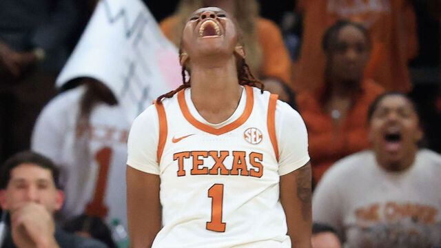 AUSTIN, TX - FEBRUARY 26: Texas Longhorns guard Bryanna Preston (1) reacts after making a basket and getting fouled against the Georgia Bulldogs during the game on February 26, 2026, at the Moody Center in Austin, TX.