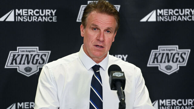 LOS ANGELES, CA - FEBRUARY 28: Los Angeles Kings Jim Hiller speaks to the media after their victory against the Calgary Flames at Crypto.com Arena on February 28, 2026 in Los Angeles, California.