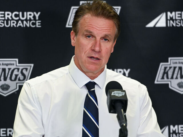 LOS ANGELES, CA - FEBRUARY 28: Los Angeles Kings Jim Hiller speaks to the media after their victory against the Calgary Flames at Crypto.com Arena on February 28, 2026 in Los Angeles, California.