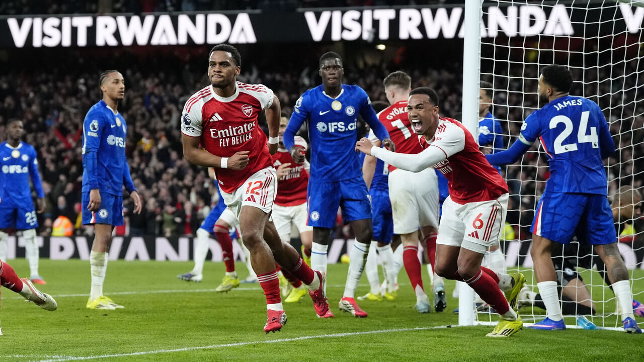 Arsenal's Jurrien Timber (centre left) celebrates after scoring his sides second goal during the Premier League match at the Emirates Stadium, London. Picture date: Sunday March 1, 2026.