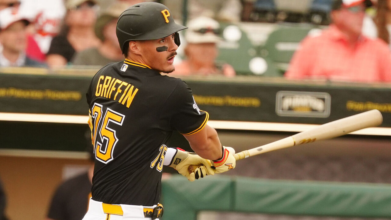 BRADENTON, FL - FEBRUARY 27: Pittsburgh Pirates shortstop Konnor Griffin (75) bats against the Baltimore Orioles on February 27, 2026, at LECOM Park in Bradenton, Florida.