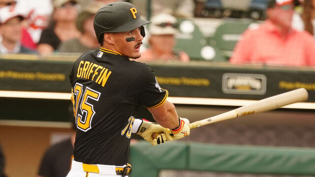 BRADENTON, FL - FEBRUARY 27: Pittsburgh Pirates shortstop Konnor Griffin (75) bats against the Baltimore Orioles on February 27, 2026, at LECOM Park in Bradenton, Florida.