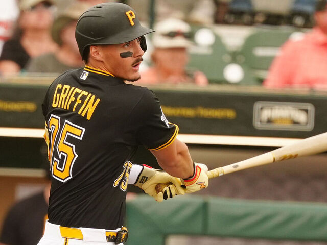 BRADENTON, FL - FEBRUARY 27: Pittsburgh Pirates shortstop Konnor Griffin (75) bats against the Baltimore Orioles on February 27, 2026, at LECOM Park in Bradenton, Florida.