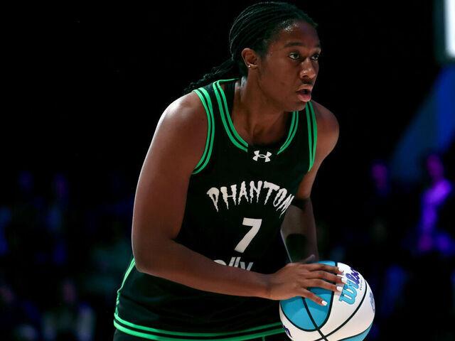 MEDLEY, FLORIDA - FEBRUARY 9: Aliyah Boston #7 of the Phantom controls the ball against the Vinyl during the first quarter of the Unrivaled 2026 game at Sephora Arena on February 9, 2026 in Medley, Florida.