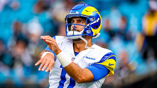 CHARLOTTE, NORTH CAROLINA - JANUARY 10: Jimmy Garoppolo #11 of the Los Angeles Rams warms up before the NFC Wild Card Playoff game against the Carolina Panthers at Bank of America Stadium on January 10, 2026 in Charlotte, North Carolina.