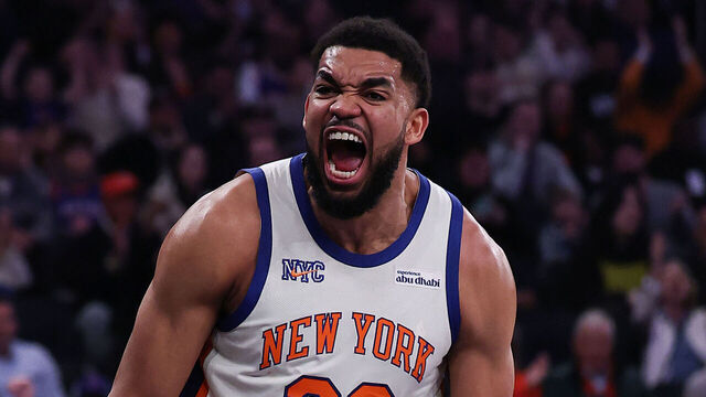 NEW YORK, NEW YORK - MARCH 01: Karl-Anthony Towns #32 of the New York Knicks reacts after dunking the ball during the first quarter of the game against the San Antonio Spurs at Madison Square Garden on March 01, 2026 in New York City.