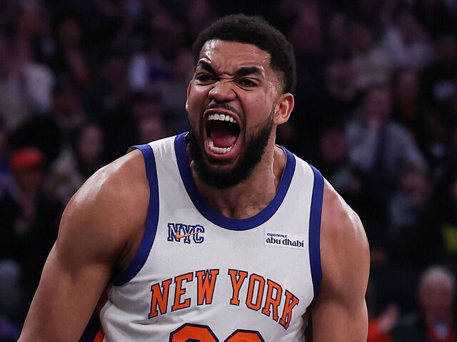 NEW YORK, NEW YORK - MARCH 01: Karl-Anthony Towns #32 of the New York Knicks reacts after dunking the ball during the first quarter of the game against the San Antonio Spurs at Madison Square Garden on March 01, 2026 in New York City.