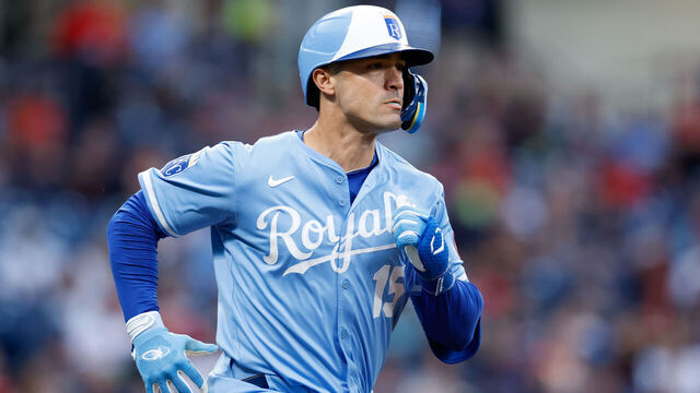 CLEVELAND, OH - SEPTEMBER 09: Randal Grichuk #15 of the Kansas City Royals runs to first base during the game between the Kansas City Royals and the Cleveland Guardians at Progressive Field on Tuesday, September 9, 2025 in Cleveland, Ohio.