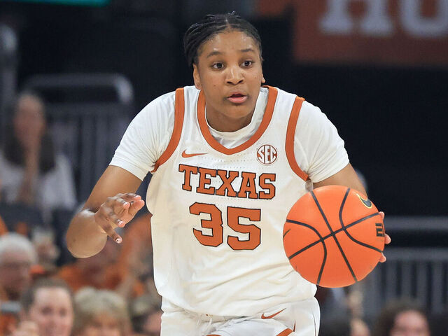 AUSTIN, TX - FEBRUARY 26: Texas Longhorns forward Madison Booker (35) dribbles up the court against the Georgia Bulldogs during the game on February 26, 2026, at the Moody Center in Austin, TX.