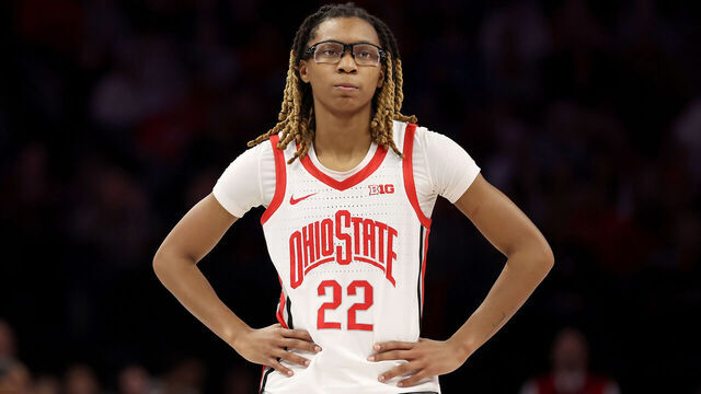 COLUMBUS, OHIO - FEBRUARY 22: Jaloni Cambridge #22 of the Ohio State Buckeyes stands on the court during the game against the USC Trojans at Value City Arena on February 22, 2026 in Columbus, Ohio. Ohio State defeated USC 88-83.