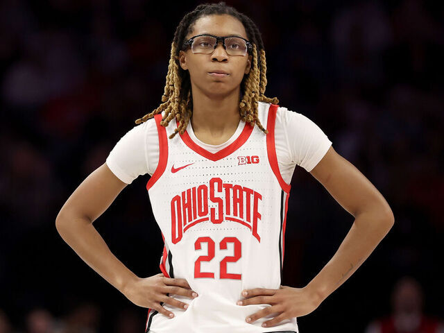 COLUMBUS, OHIO - FEBRUARY 22: Jaloni Cambridge #22 of the Ohio State Buckeyes stands on the court during the game against the USC Trojans at Value City Arena on February 22, 2026 in Columbus, Ohio. Ohio State defeated USC 88-83.