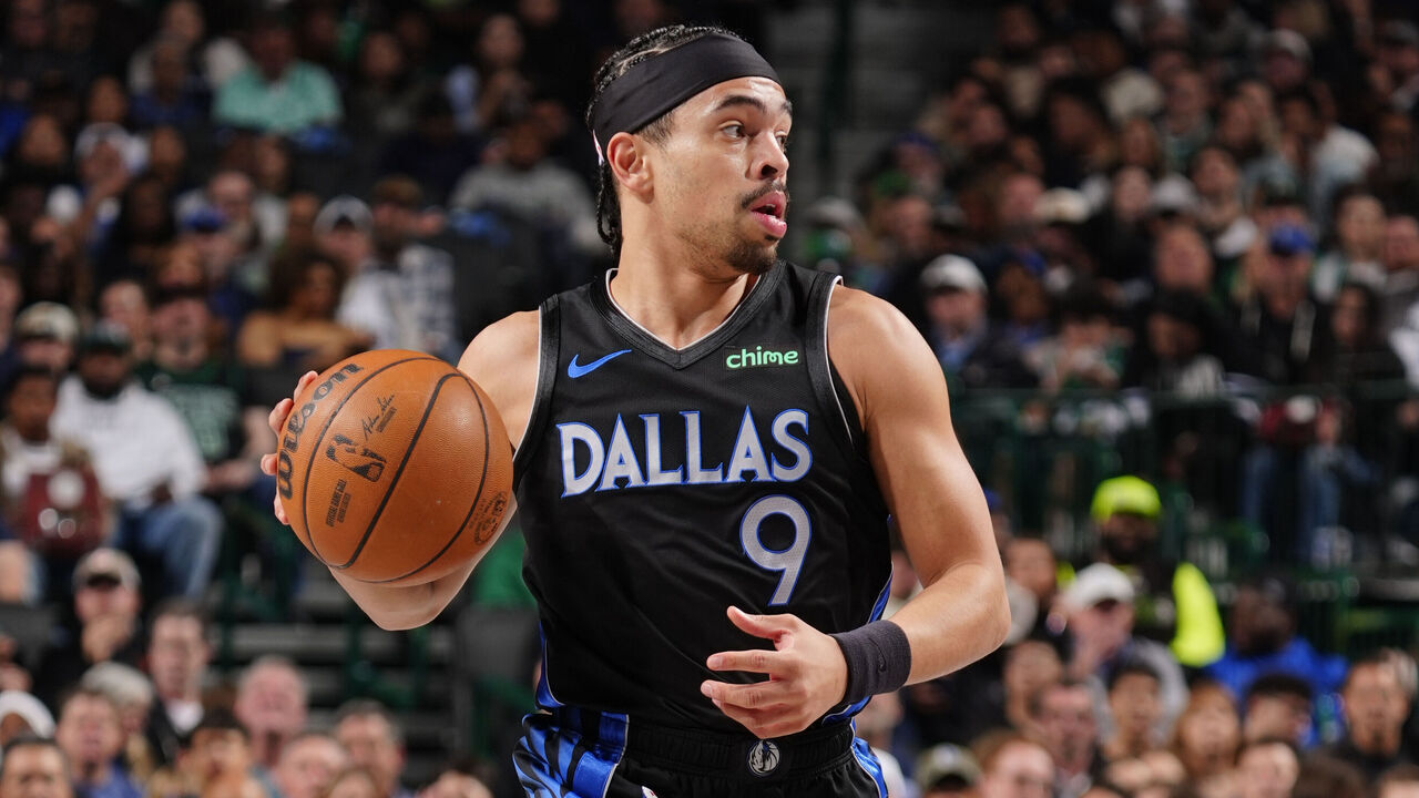 DALLAS, TX - FEBRUARY 3: Ryan Nembhard #9 of the Dallas Mavericks looks to pass the ball during the game against the Boston Celtics on February 3, 2026 at American Airlines Center in Dallas, Texas. Mandatory Copyright Notice: Copyright 2026 NBAE