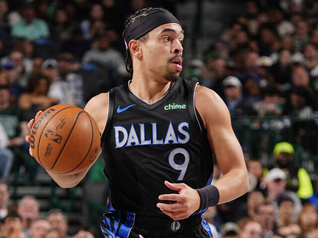 DALLAS, TX - FEBRUARY 3: Ryan Nembhard #9 of the Dallas Mavericks looks to pass the ball during the game against the Boston Celtics on February 3, 2026 at American Airlines Center in Dallas, Texas. Mandatory Copyright Notice: Copyright 2026 NBAE
