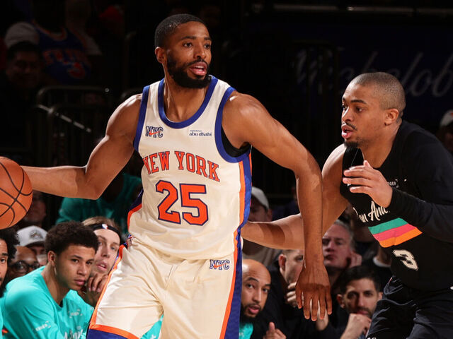 NEW YORK, NY - MARCH 1: Mikal Bridges #25 of the New York Knicks dribbles the ball during the game against the San Antonio Spurs on March 1, 2026 at Madison Square Garden in New York City, New York. Mandatory Copyright Notice: Copyright 2026 NBAE