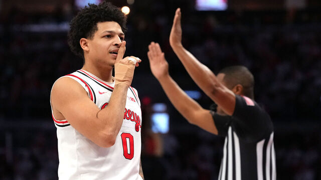 COLUMBUS, OH - MARCH 01: Ohio State Buckeyes guard John Mobley Jr. (0) reacts to making a three point basket during the game between the Ohio State Buckeyes and the Purdue Boilermakers at Value City Arena in Columbus, Ohio on March 1, 2026.