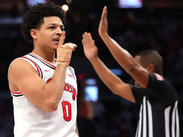 COLUMBUS, OH - MARCH 01: Ohio State Buckeyes guard John Mobley Jr. (0) reacts to making a three point basket during the game between the Ohio State Buckeyes and the Purdue Boilermakers at Value City Arena in Columbus, Ohio on March 1, 2026.