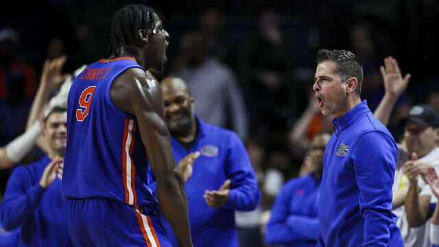GAINESVILLE, FLORIDA - JANUARY 10: Rueben Chinyelu #9 of the Florida Gators reacts with Head Coach Todd Golden during the second half of a game against the Tennessee Volunteers at the Stephen C. O'Connell Center on January 10, 2026 in Gainesville, Florida.