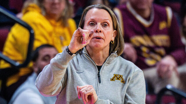 Dawn Plitzuweit, the head coach of the Minnesota Golden Gophers, motions during an NCAA women's basketball game at Jersey Mike's Arena in Piscataway, United States, on February 8, 2026 .